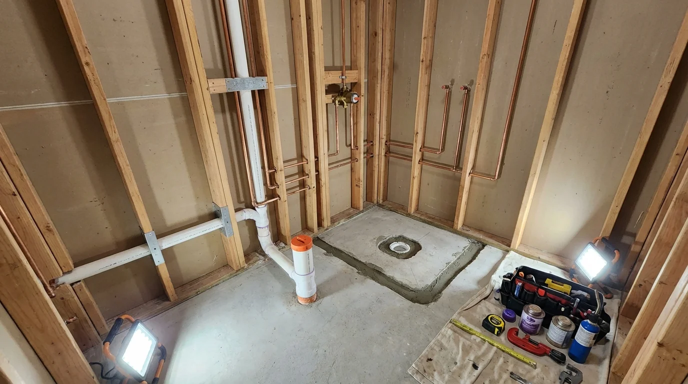 Bathroom rough-in plumbing during remodel by Johns Plumbing LLC in Villisca