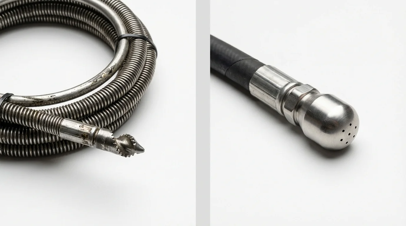 Drain snake cable and hydro jetting nozzle used for drain cleaning in Villisca, IA