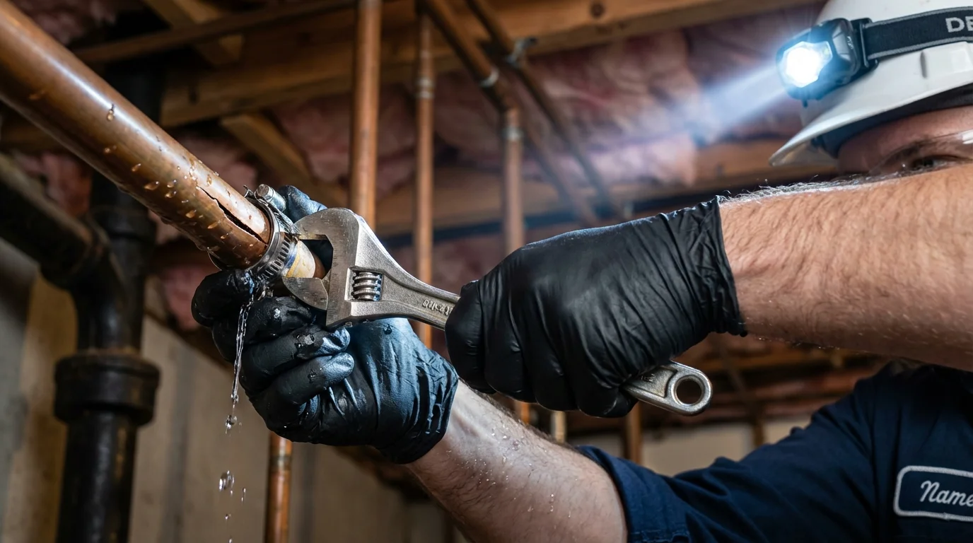 Emergency pipe clamp repair being performed by a Johns Plumbing LLC plumber in Villisca