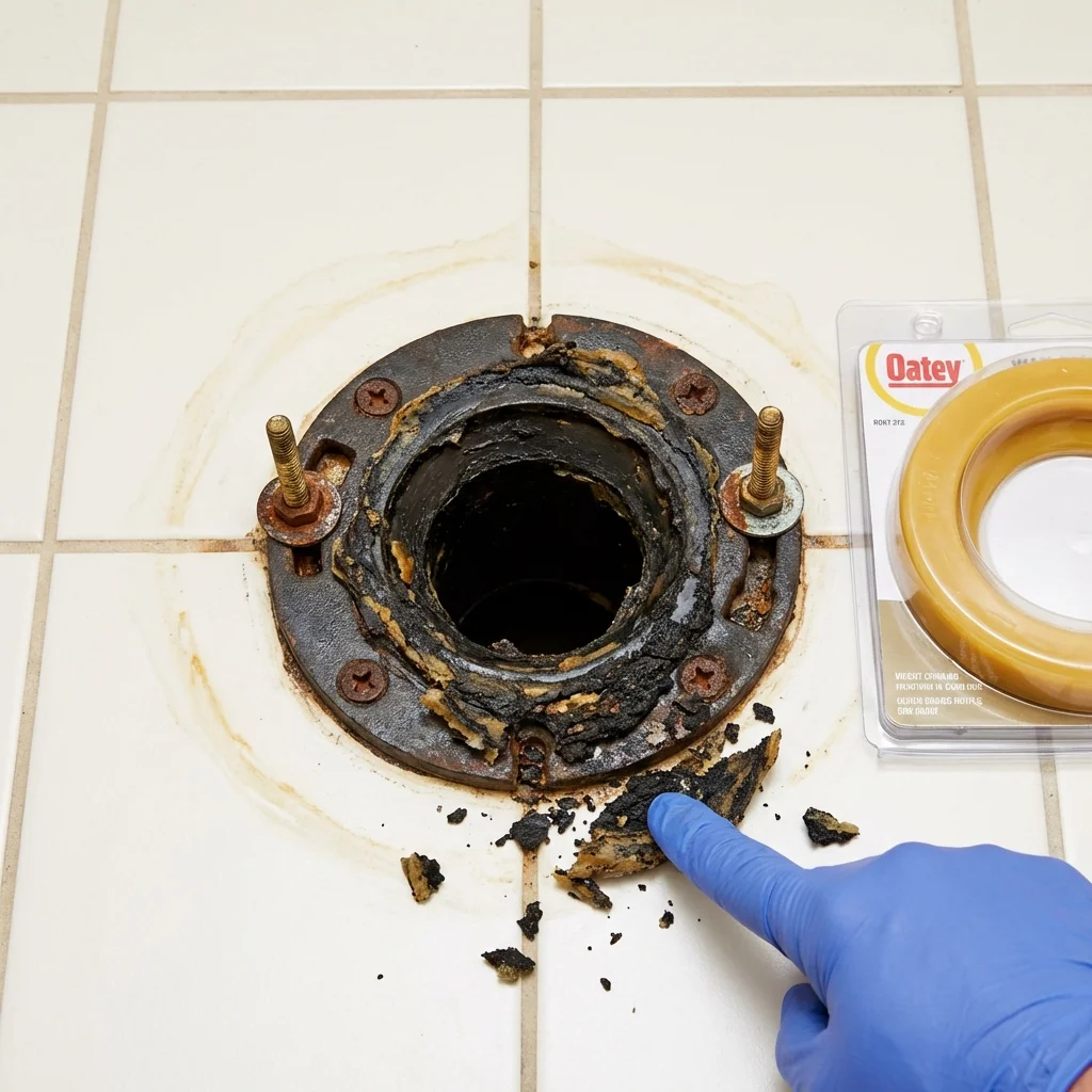 Failed wax ring showing water seepage at the base of a toilet in a Villisca, IA home