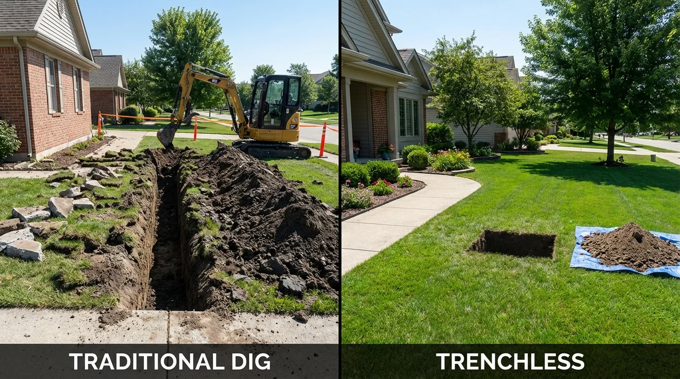Trenchless sewer repair with minimal yard damage versus traditional excavation in Villisca, IA