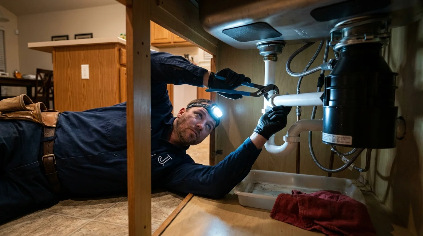 P-trap and supply line connections under a kitchen sink showing a common leak point in Villisca, IA